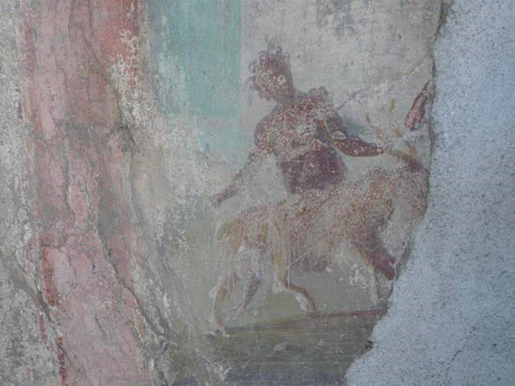 V.1.18 Pompeii. May 2012. Detail from north wall of exedra “y”. Remains of wall painting of The Sacrifice of a Goat to Dionysus. Photo courtesy of Buzz Ferebee.