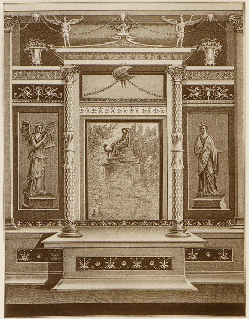 V.1.18 Pompeii. 1882 painting by A. Sikkard of east wall of exedra “y”.
See Mau, A. 1882. Geschichte der Decorativen Wandmalerei in Pompeji. Berlin: Reimer, Taf. V.