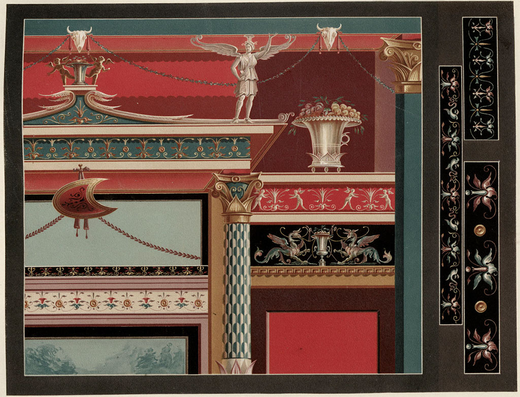 V.1.18 Pompeii. 1882 painting by A. Sikkard of parts of the east wall of exedra “y”.
See Mau, A. 1882. Geschichte der Decorativen Wandmalerei in Pompeji. Berlin: Reimer, Taf. VI.