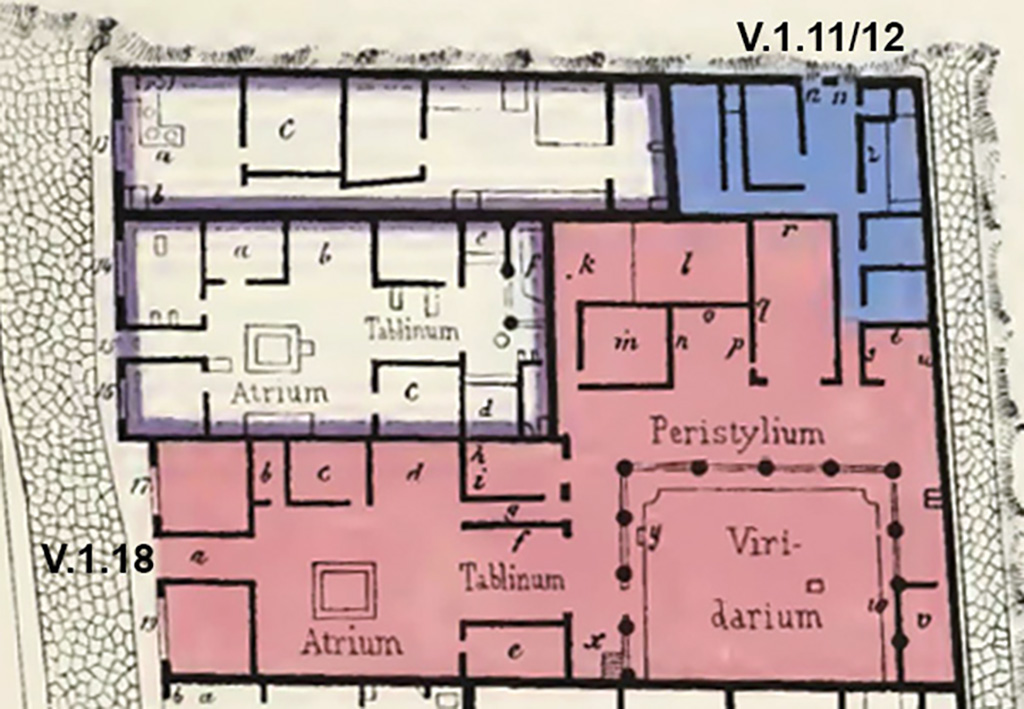 V.1.18.11.12 Pompeii. 1882 plan V.1.18.11.12 Pompeii. 1882 plan by Presuhn indicating location of rooms and features as outlined in his text.
See Presuhn E., 1882. Pompeji: Die Neuesten Ausgrabungen von 1874 bis 1881. Leipzig: Weigel. Abtheilung II.