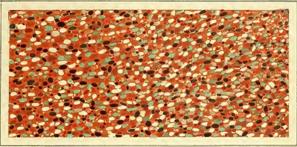 V.1.18 Pompeii. 1882 painting of floor with colourful marble stones. Entrance corridor “a”.
In the gently sloping hallway or ostium (a) a pretty floor was made by sprinkling coloured marble chips in red screed.
See Presuhn E., 1882. Pompeji: Die Neuesten Ausgrabungen von 1874 bis 1881. Leipzig: Weigel. Abtheilung II, Taf III upper.