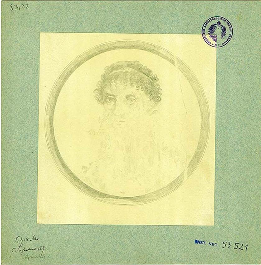 V.1.18 Pompeii. Atrium “b”. Drawing of medallion painting with bust of Aphrodite/Venus. Badly destroyed.
She has blonde hair and wears a thin gold band with green diamond shaped stone on the front.
DAIR 83.22. Photo © Deutsches Archäologisches Institut, Abteilung Rom, Arkiv.
See http://arachne.uni-koeln.de/item/marbilder/5022198
Found on the right wall, at the left end.
See Bullettino dell’Instituto di Corrispondenza Archeologica (DAIR), 1877, p. 20.