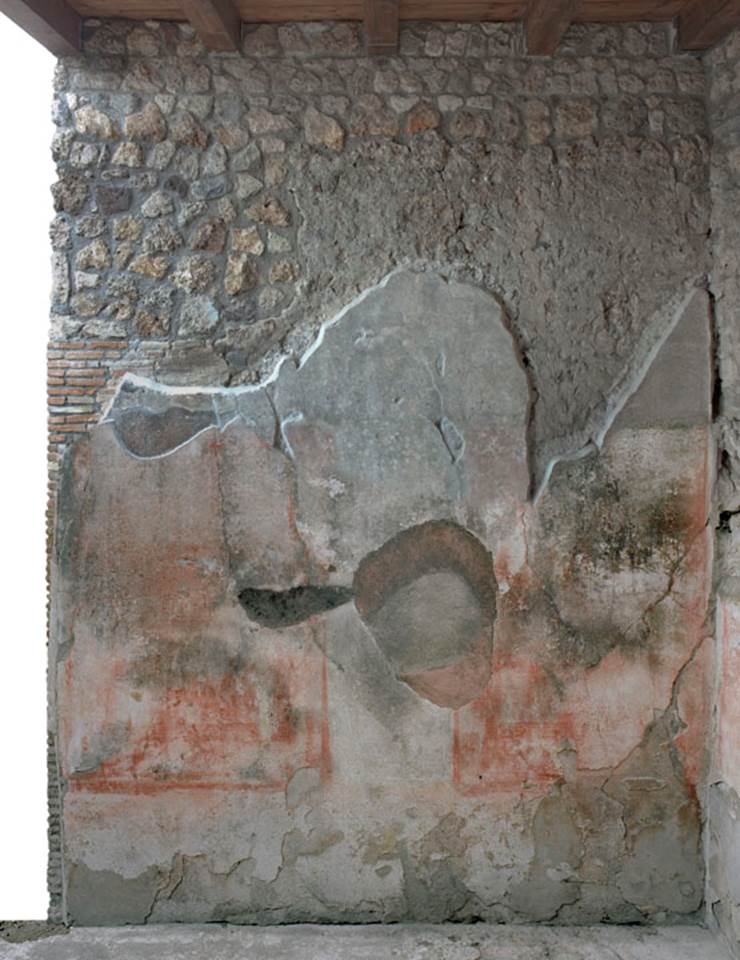 V.1.18 Pompeii. 2012. Ala “e”, west wall. Photo by Hans Thorwid.
“West wall in 2012. Restored parts of the wall photographed and merge with the lower part and floor line of earlier photos from 2005-07.”
Photo and words courtesy of The Swedish Pompeii Project.