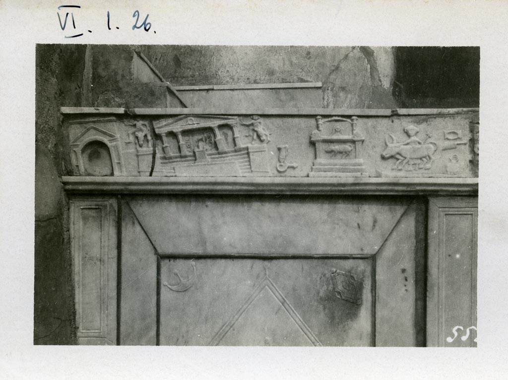 V.1.26 Pompeii, but numbered as VI.1.26 on photo. Pompeii. Pre-1937-39.
Side of altar in atrium and marble slab with detail of scenes of the Forum in the earthquake of AD62.
Photo courtesy of American Academy in Rome, Photographic Archive. Warsher collection no. 552.