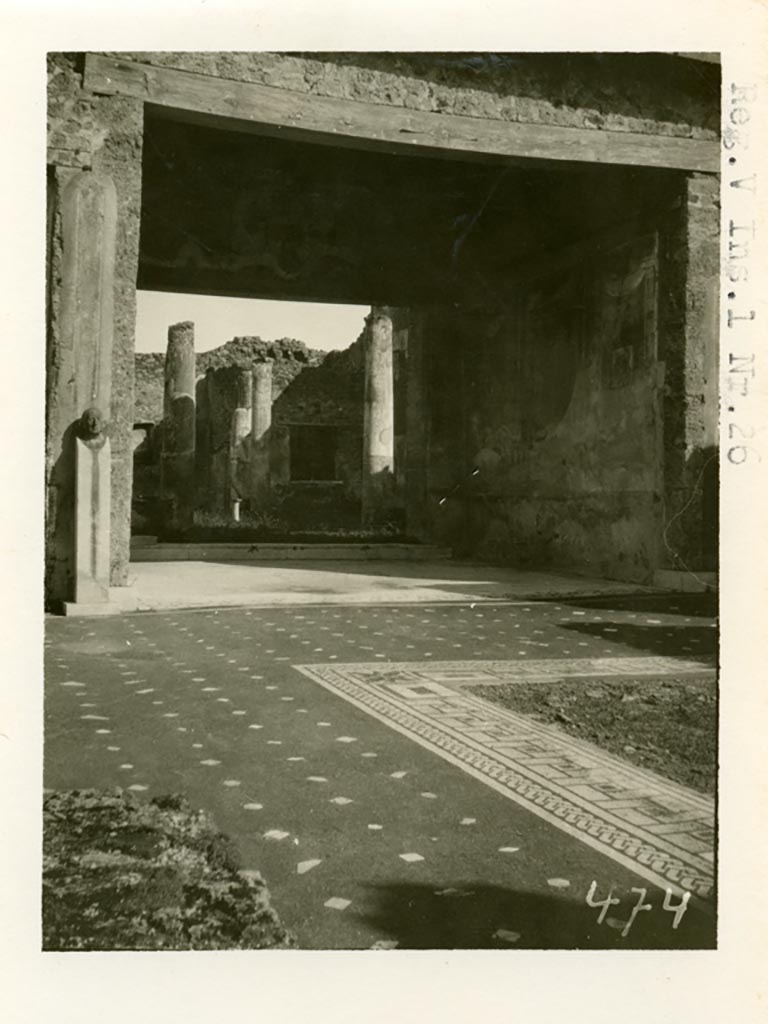 V.1.26 Pompeii. Pre-1937-1939. Looking east across atrium flooring towards tablinum.
Photo courtesy of American Academy in Rome, Photographic Archive. Warsher collection no. 474.