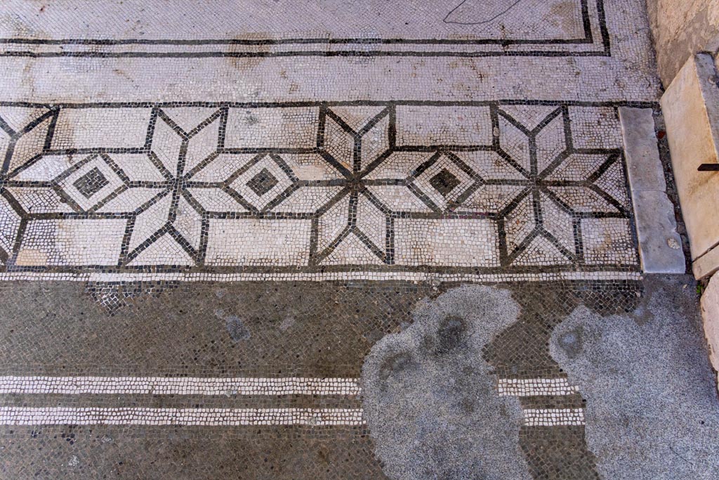 V.1.26 Pompeii. October 2023.
Room “i”, south end of mosaic doorway threshold from atrium into tablinum. Photo courtesy of Johannes Eber.