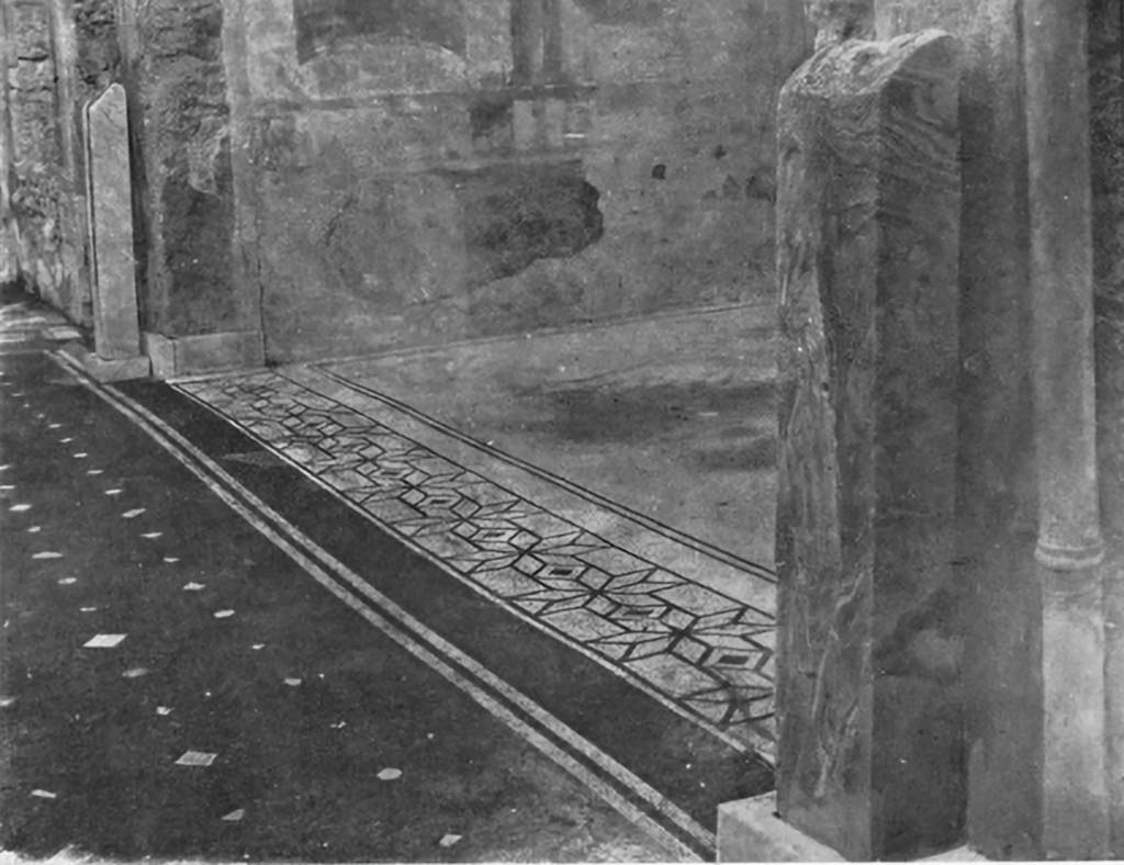 V.1.26 Pompeii. c.1930. Room “i”, looking north along threshold between atrium floor (on left) and tablinum floor (on right).
See Blake, M., (1930). The pavements of the Roman Buildings of the Republic and Early Empire. Rome, MAAR, 8, (p.60, 64, 120 & Pl.18, tav. 4).