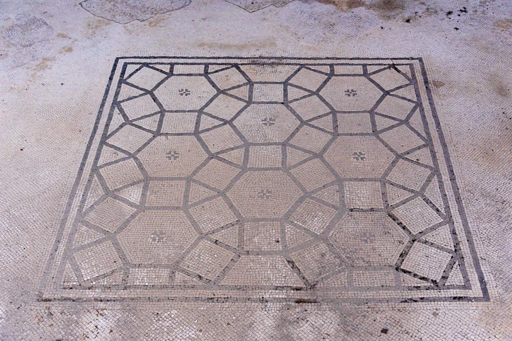 V.1.26 Pompeii. October 2023. Room “i”, mosaic in tablinum. Central emblema. Photo courtesy of Johannes Eber.