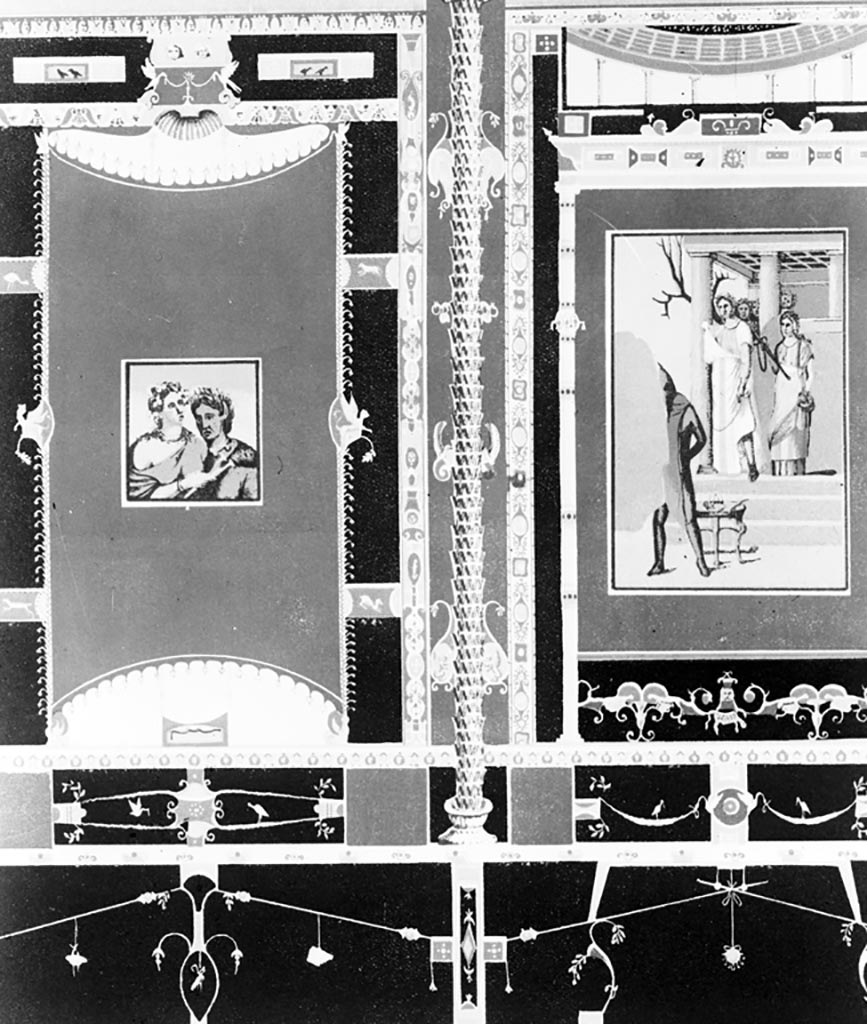 V.1.26 Pompeii. W.322. Room “i”, west end of north wall of tablinum.
Copy of wall with two paintings of a Satyr and Nymph, and Iphigenia in Tauris.
Photo by Tatiana Warscher. Photo © Deutsches Archäologisches Institut, Abteilung Rom, Arkiv.