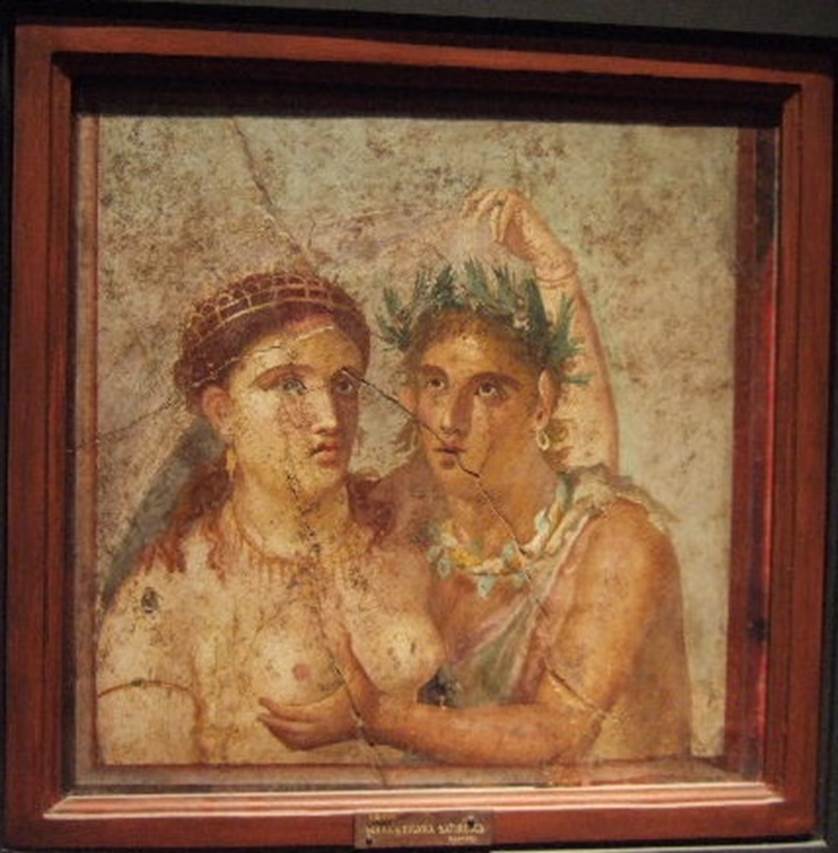 V.1.26 Pompeii. Painting of a Satyr embracing a Maenad. Found in tablinum “i”, on west (?) end of north wall.
Now in Naples Archaeological Museum. Inventory number: 110590.