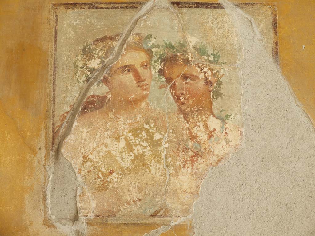 V.1.26 Pompeii. March 2009. Room “i”, detail of wall painting of Satyr and Maenad, at east end of south wall of tablinum.