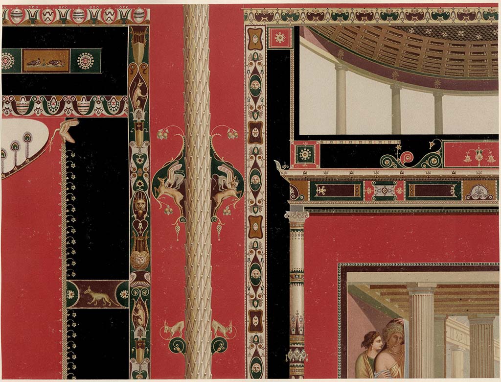 V.1.26 Pompeii. 1882. Room “i”, painting by A. Sikkard showing detail from the centre of the south wall of the tablinum.
See Mau, A. 1882. Geschichte der Decorativen Wandmalerei in Pompeji. Berlin: Reimer, Taf. XIV.
