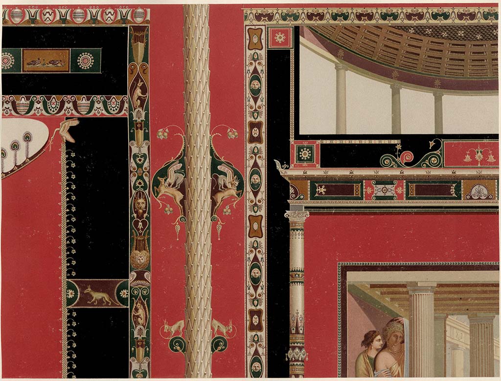 V.1.26 Pompeii. 1882. Room “i”, painting by A. Sikkard showing detail from the centre of the south wall of the tablinum.
See Mau, A. 1882. Geschichte der Decorativen Wandmalerei in Pompeji. Berlin: Reimer, Taf. XIV.