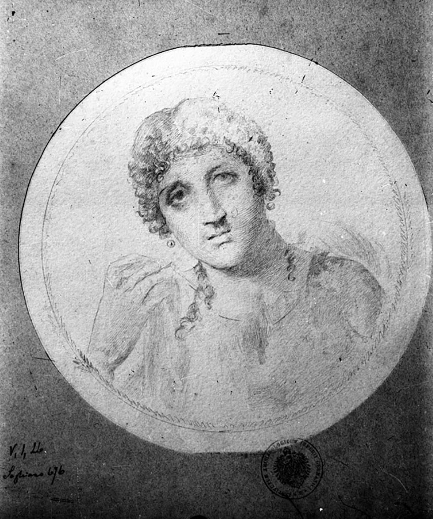 V.1.26 Pompeii. W.319. Drawing of medallion, from west end of south wall of triclinium.
See Sogliano, A., 1879. Le pitture murali campane scoverte negli anni 1867-79. Napoli: Giannini. (p.139, no.676)
Photo by Tatiana Warscher. Photo © Deutsches Archäologisches Institut, Abteilung Rom, Arkiv.