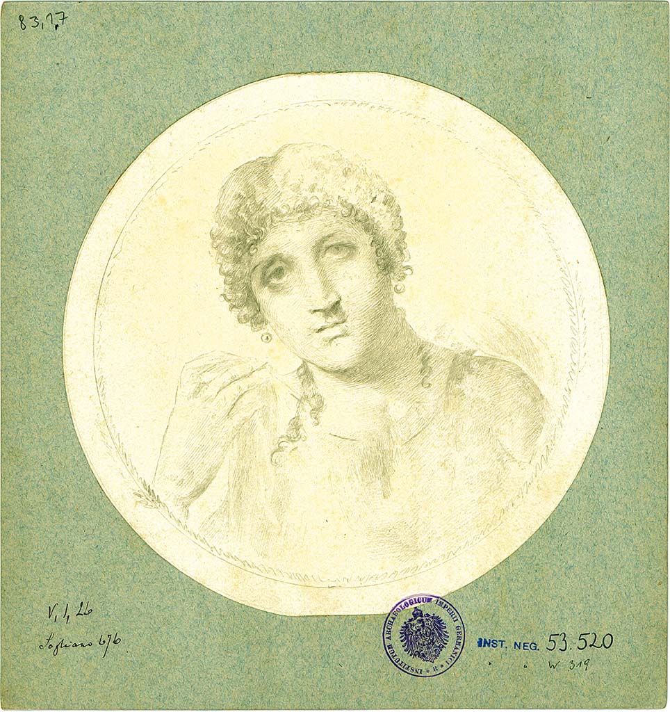V.1.26 Pompeii. Drawing of portrait medallion, from west end of south wall of triclinium.
See Sogliano, A., 1879. Le pitture murali campane scoverte negli anni 1867-79. Napoli: Giannini. (p.139, no.676)
DAIR 83.17. Photo © Deutsches Archäologisches Institut, Abteilung Rom, Arkiv. 

