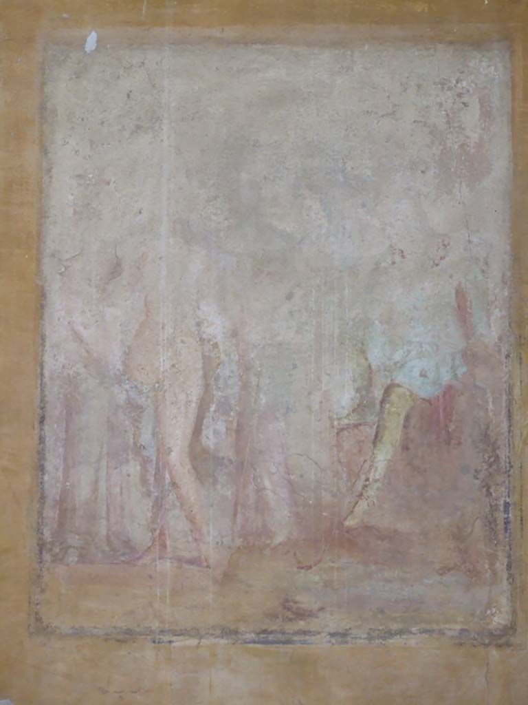 V.1.26 Pompeii. March 2009. Room “o”, north wall of triclinium. 
Remains of wall painting in centre panel, possibly Paris judging the beauty of the three goddesses.

