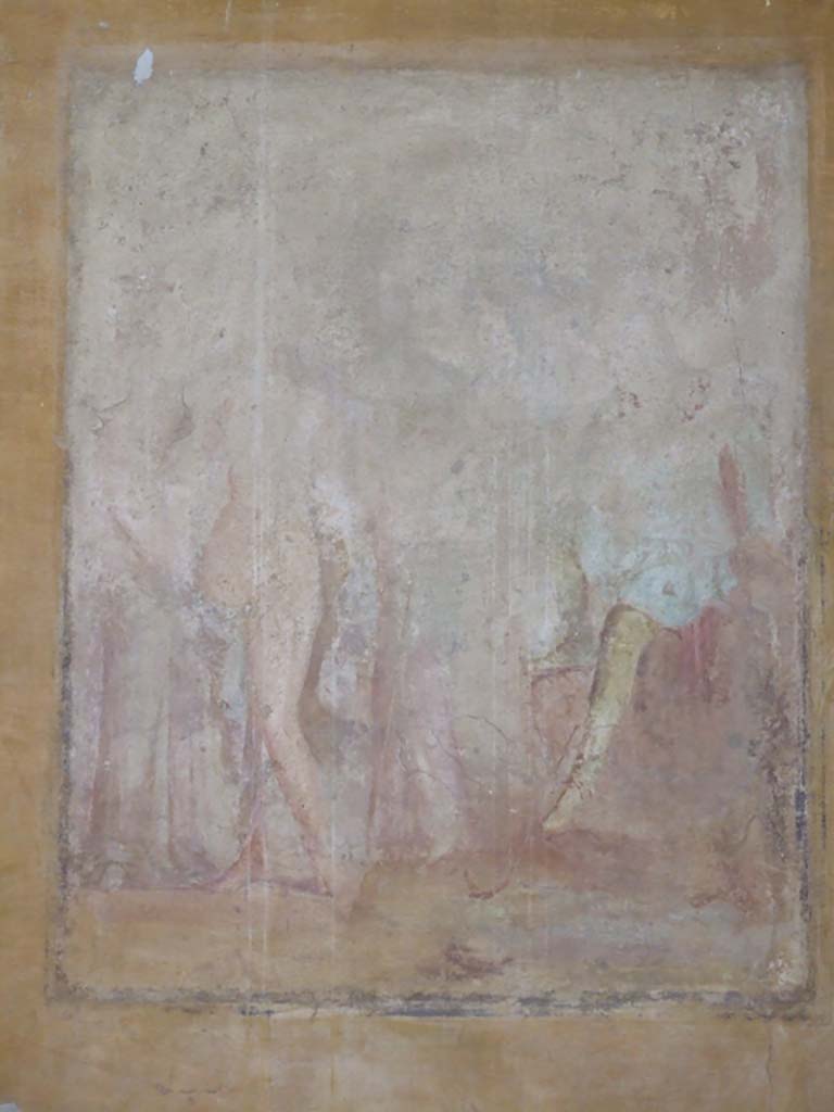 V.1.26 Pompeii. March 2009. Room “o”, north wall of triclinium.
Remains of wall painting in centre panel, possibly Paris judging the beauty of the three goddesses.