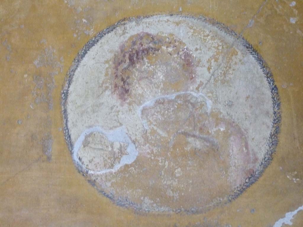 V.1.26 Pompeii. March 2009. Room “o”, painted medallion of feminine face from east side of north wall of triclinium.
See Schefold, K., 1962. Vergessenes Pompeji. Bern: Francke. (p.212, fig 180, 5)


