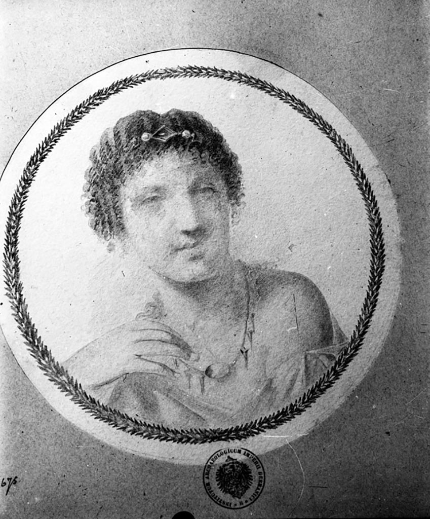 V.1.26 Pompeii. W.320. Drawing of medallion, from east end of north wall of triclinium.
See Sogliano, A., 1879. Le pitture murali campane scoverte negli anni 1867-79. Napoli: Giannini. (p.139, no.675)
Photo by Tatiana Warscher. Photo © Deutsches Archäologisches Institut, Abteilung Rom, Arkiv.