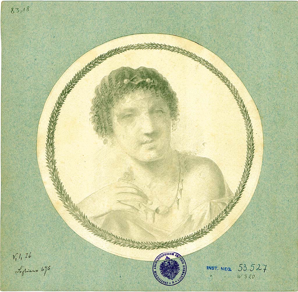 V.1.26 Pompeii. Drawing of portrait medallion, from east end of north wall of triclinium.
See Sogliano, A., 1879. Le pitture murali campane scoverte negli anni 1867-79. Napoli: Giannini. (p.139, no.675)
DAIR 83.18. Photo © Deutsches Archäologisches Institut, Abteilung Rom, Arkiv. 
