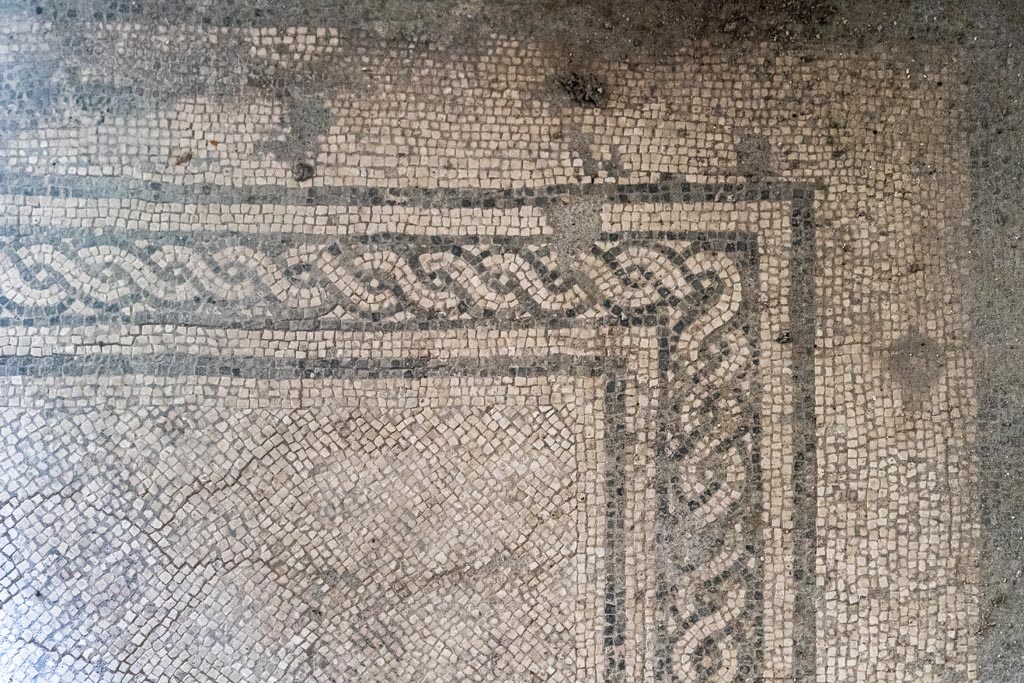 V.1.26 Pompeii. October 2023.
Room “o”, mosaic black and white border around white mosaic floor in triclinium. Photo courtesy of Johannes Eber.