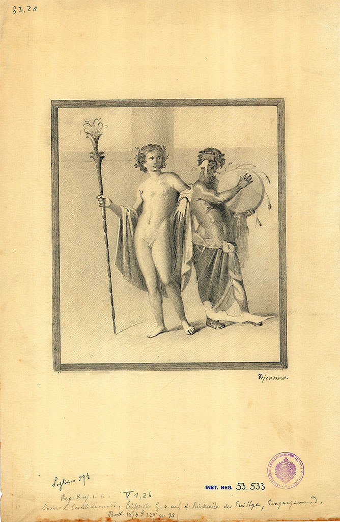 V.1.26 Pompeii. Room "t", north wall. Drawing by G. Discanno of painting of Hermaphrodite and Silenus.
DAIR 83.21. Photo © Deutsches Archäologisches Institut, Abteilung Rom, Arkiv. 
Original painting now in Naples Archaeological Museum. Inventory number 111213.
See Carratelli, G. P., 1990-2003. Pompei: Pitture e Mosaici: Vol. III. Roma: Istituto della enciclopedia italiana, p. 616 and 618, no. 89.
