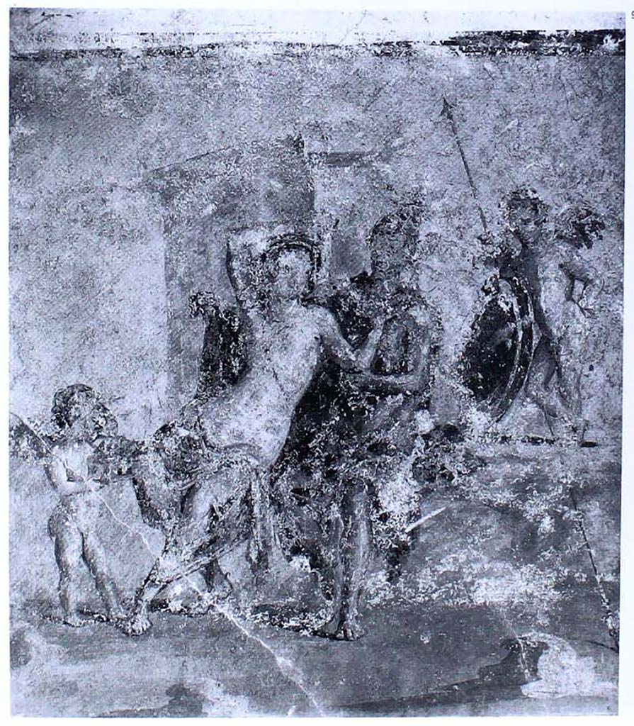 V.1.23/26, Room "t", south wall.
Mars with helmet on, sitting next to Venus, with a Cupid on either side.
Now in Naples Archaeological Museum, inv. no. 111214.
See Carratelli, G. P., 1990-2003. Pompei: Pitture e Mosaici: Vol. III. Roma: Istituto della enciclopedia italiana, p. 618, no.91.