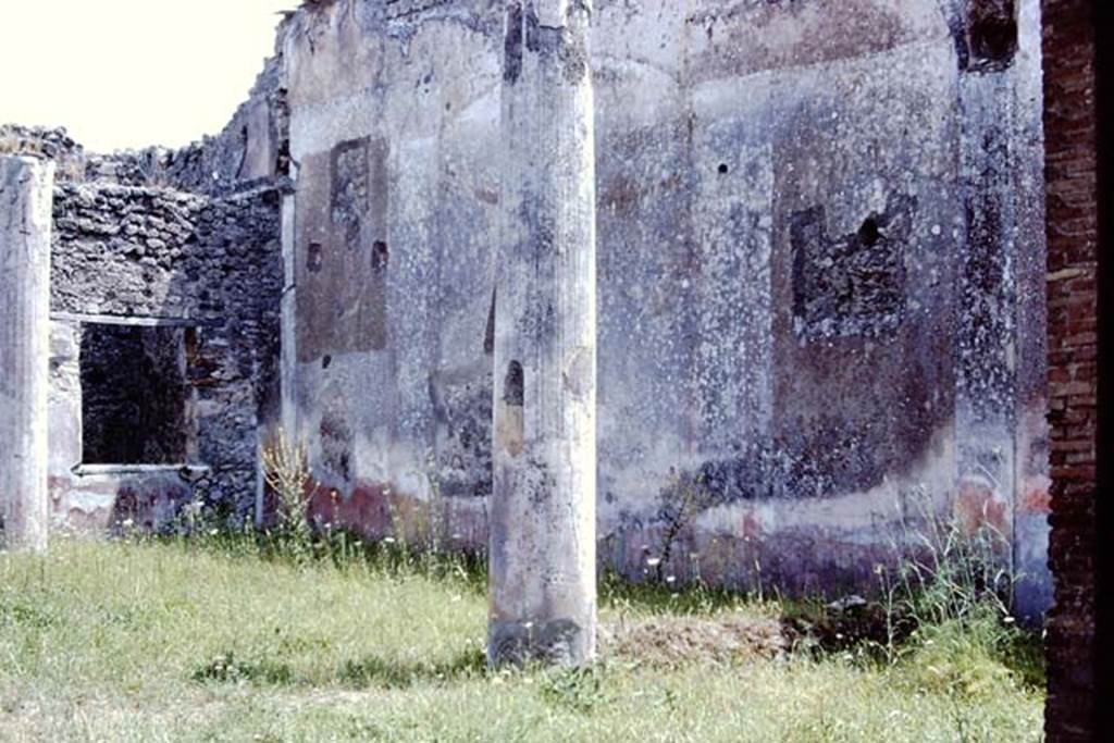 V.1.26 Pompeii. 1972. Room L, peristyle garden, looking towards south-east corner with window to room “t”.
The south wall of the garden would have contained a painted hunt scene in the arched centre panel, and a garden scene on either side.
Photo by Stanley A. Jashemski.
Source: The Wilhelmina and Stanley A. Jashemski archive in the University of Maryland Library, Special Collections (See collection page) and made available under the Creative Commons Attribution-Non-Commercial License v.4. See Licence and use details.
J72f0404