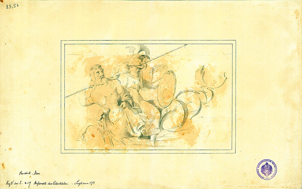 V.2.17 Pompeii. Drawing of painting from shop-counter, showing Thetis sitting on a bearded Triton, with helmet, shield and breastplate.
DAIR. 83.56. Photo © Deutsches Archäologisches Institut, Abteilung Rom, Arkiv.
(Note: this drawing is also included in V.2.19).
On 15th November 1877, Fiorelli wrote –
“In Reg. V, 2, nella bottega no.17, si era scoperto il podio per la vendita, rivestitio d’intonaco imitante i marmi colorati ed ornati di un dipinto (0.79 x 0.51).
Vi si vede Teti che vestita di chitone roseo siede sopra un Tritone barbato, ed era armata di elmo, scudo e corazza; e mentre con la sinistra tiene lo scudo poggiato sul dorso del mostro, afferra con la dritta la lancia, che il Tritone porta sull’omero, nuotando verso sinistra e rivolgendo lo sguardo alla dea.”
Notizie degli Scavi, 1877, p.251.
(In Reg. V.2, no.17, the sales podium was discovered covered with plaster imitating coloured marble and decorated with a painting (0.79 x 0.51)
There you can see Thetis, dressed in rose-coloured robe, sitting on top of a bearded Triton, and was armed with helmet, shield and breast-armour; and while with the left hand she holds the shield resting on the back of the monster, she grabs the spear with her right hand, which the Triton carried on his shoulders, he was swimming to the left and looking back towards the goddess.")
See Notizie degli Scavi di Antichità, 1877, p.251.