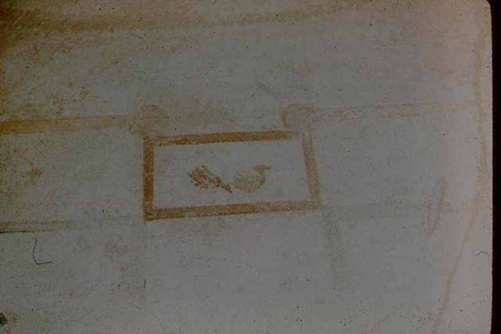 V.4.a Pompeii. 1957. Summer triclinium, wall painting of birds on upper north end of east wall. Photo by Stanley A. Jashemski.
Source: The Wilhelmina and Stanley A. Jashemski archive in the University of Maryland Library, Special Collections (See collection page) and made available under the Creative Commons Attribution-Non Commercial License v.4. See Licence and use details.
J57f0307