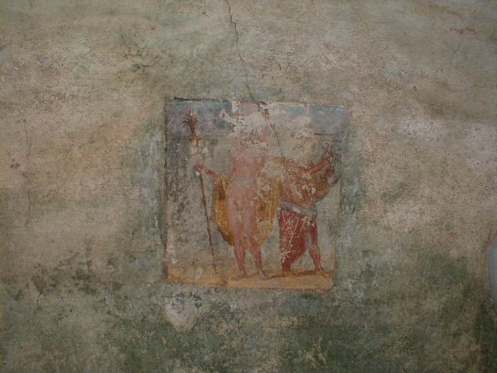 V.4.a Pompeii. September 2004. Summer triclinium, east wall. Wall painting of Dionysus (Bacchus) accompanied by Silenus playing the lyre. See Nappo, S., 1998. Pompeii: Guide to the lost City. London: Weidenfield and Nicolson. (p. 126).