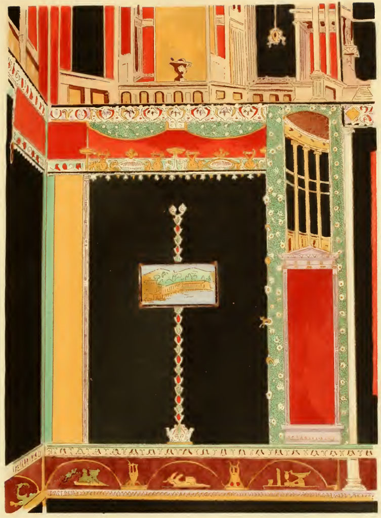 V.4.a Pompeii. Undated painting by Pierre Gusman. South wall in south-east corner of tablinum.
(VIII. Tablinum de la maison de Fronto (Région V, 4). Troisième style.)
See Gusman P., 1924. La Décoration Murale de Pompei. Paris : Morancé, pl. VIII.