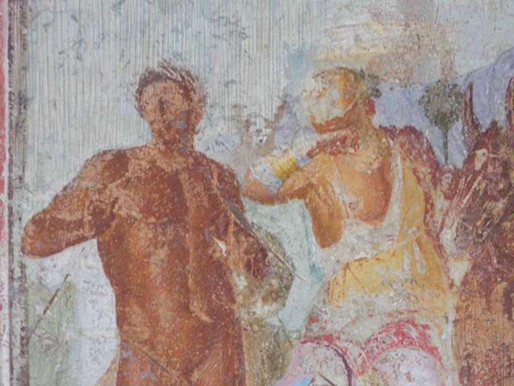 V.4.a Pompeii. May 2015. Detail from central painting on south wall of tablinum.
Photo courtesy of Buzz Ferebee.