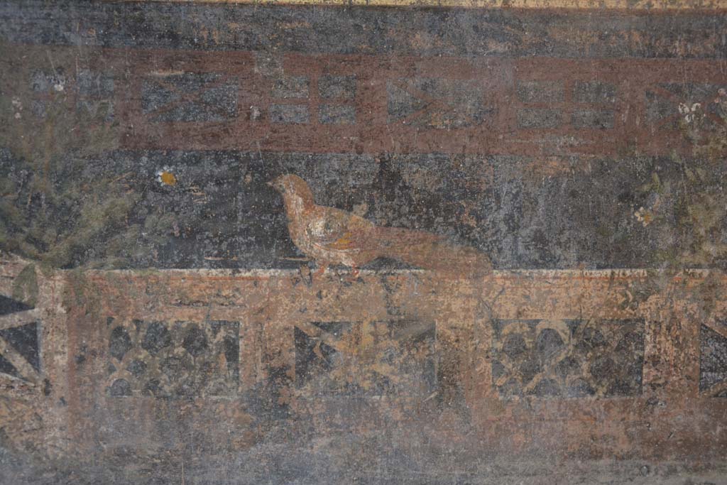 V.4.a Pompeii. March 2019. Room ‘h’, detail of painted bird from zoccolo at west end of south wall.
Foto Annette Haug, ERC Grant 681269 DÉCOR.
