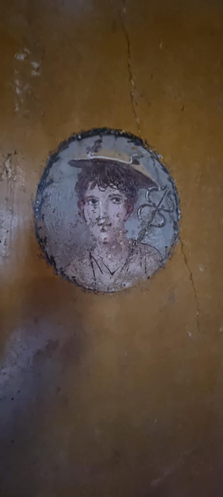 V.4.a Pompeii. January 2023.
Room ‘i’, medallion with painting of boy on west wall of cubiculum on north side of doorway to atrium.
Photo courtesy of Miriam Colomer.