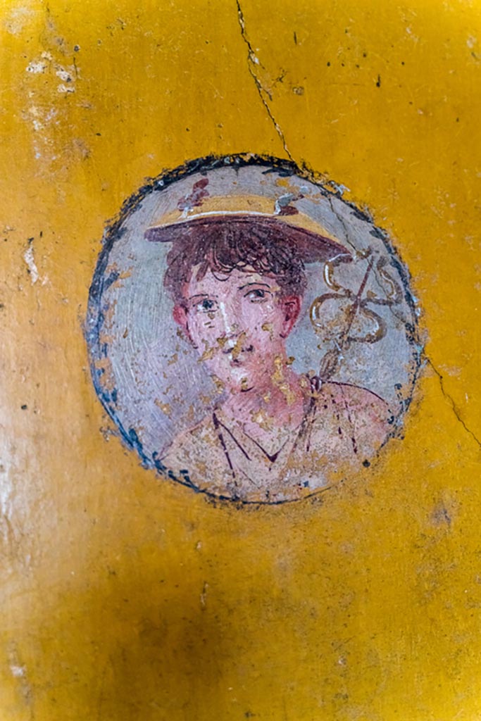 V.4.a Pompeii. January 2023.
Room ‘i’, wall painting of boy from west wall of cubiculum, on north side of doorway.
Photo courtesy of Johannes Eber.
