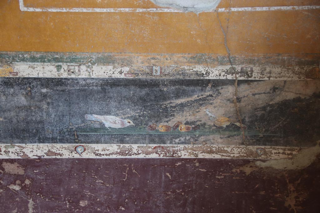 V.4.a Pompeii. October 2023.
Room ‘g’, painting of birds in predella, above lower north wall in north-east corner. Photo courtesy of Klaus Heese.