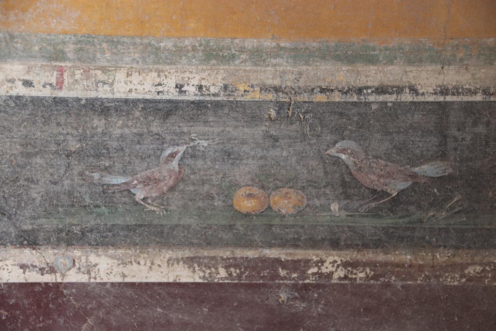V.4.a Pompeii. October 2023.
Room ‘g’, detail of bird painting in predella on lower east wall, on south side of central panel. Photo courtesy of Klaus Heese.