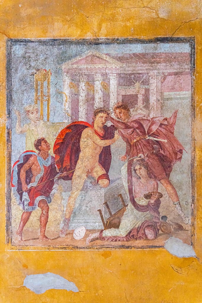 V.4.a Pompeii. October 2023.
Room ‘f’, looking towards central wall painting from east wall of winter triclinium.
Photo courtesy of Johannes Eber.