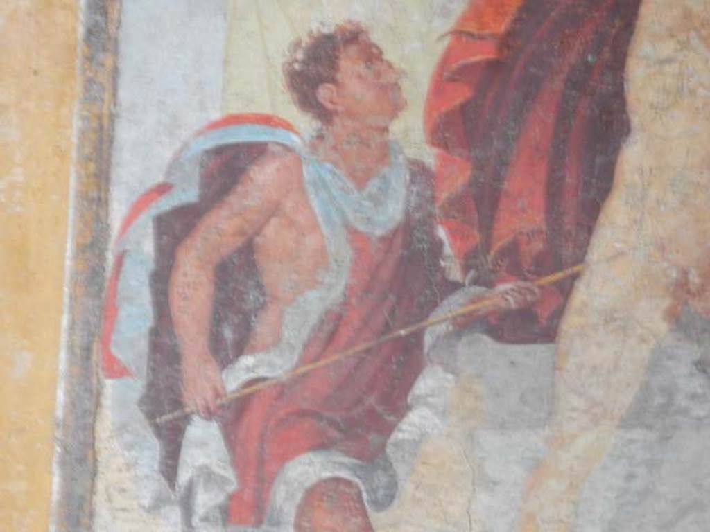 V.4.a, Pompeii. May 2018. Detail from central painting on east wall of winter triclinium. Photo courtesy of Buzz Ferebee.