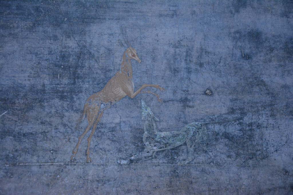 V.4.a Pompeii. March 2018. Room ‘b’, detail of painted deer and dog from centre of second panel from west side on north wall.
Foto Annette Haug, ERC Grant 681269 DÉCOR.