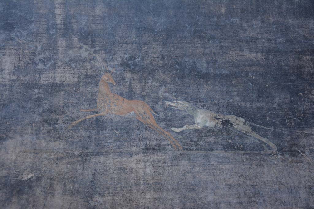 V.4.a Pompeii. March 2018. Room ‘b’, detail of painted dog chasing a deer from panel on right of centre of north wall. 
Foto Annette Haug, ERC Grant 681269 DÉCOR.

