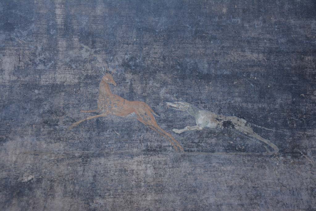 V.4.a Pompeii. March 2018. Room ‘b’, detail of painted dog chasing a deer from panel on right of centre of north wall.
Foto Annette Haug, ERC Grant 681269 DÉCOR.