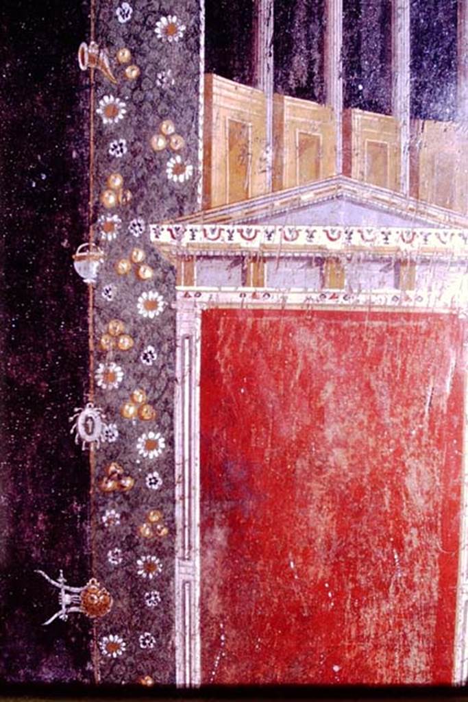 V.4.a Pompeii. 1966. Detail from panel to left of centre panel on north wall of tablinum.
Photo by Stanley A. Jashemski.
Source: The Wilhelmina and Stanley A. Jashemski archive in the University of Maryland Library, Special Collections (See collection page) and made available under the Creative Commons Attribution-Non Commercial License v.4. See Licence and use details.
J66f0705