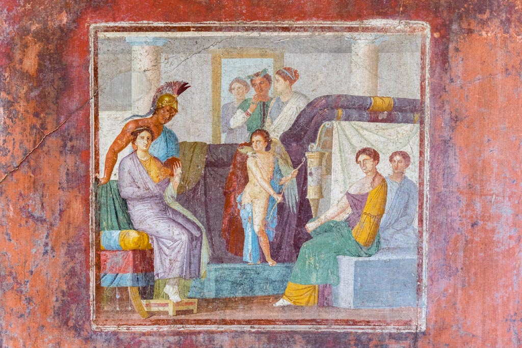 V.4.a Pompeii. January 2023.
Centre panel of north wall of tablinum, wall painting of the wedding of Mars and Venus. Photo courtesy of Johannes Eber.