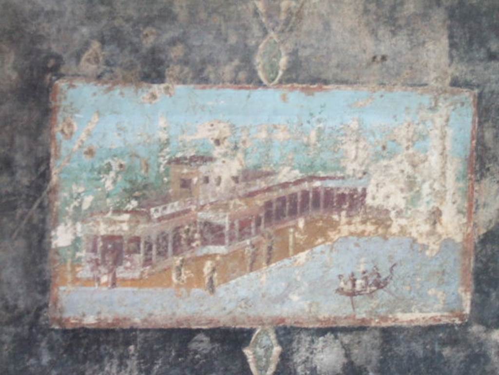 V.4.a Pompeii. December 2005. North wall of Tablinum. Wall painting of villa and waterfront scene.