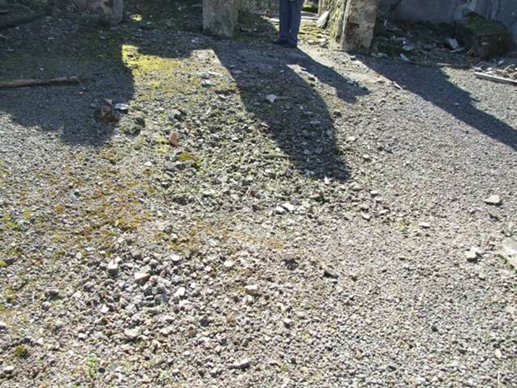 V.4.c Pompeii. March 2009. Room B, the atrium, looking west across site of impluvium. Upon excavation, at the head of the impluvium on the east side, a marble table (a) was discovered. It was supported by a marble statuette of an animal, perhaps a leopard with eyes of glass paste. It was crouching on its hind legs, in profile to the right and with the head in front. On the south side, slightly to the rear of the table, was a terracotta puteal (b). Found in the area of the puteal, a lead funnel to pour water collected through a water-pipe into the adjacent tank. Also found at the impluvium on April 29th 1902 were – one of the usual cylindrical lead water-tanks. Two bronze basins, one with traces of silver-plating, a casserole with similar traces, and a swollen belly-jug, were also found. In the soil of the atrium, between 2nd and 6th June 1902, money and other objects were listed in NdS, 1902, (p.379). See Notizie degli Scavi, 1905, (p.130)
