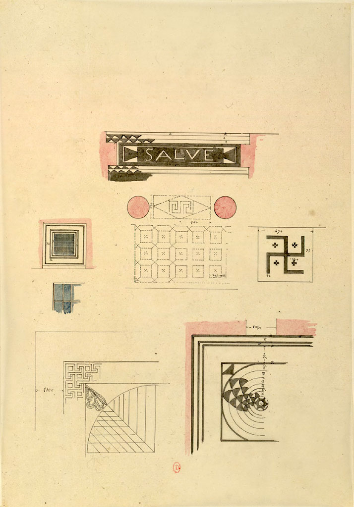 VI.1.7/25 Pompeii. Sketches made by Chenavard. They may not all be from this house.
See Chenavard, Antoine-Marie (1787-1883) et al. Voyage d'Italie, croquis Tome 3, pl. 104.
INHA Identifiant numérique : NUM MS 703 (3). See Book on INHA
Document placé sous « Licence Ouverte / Open Licence » Etalab