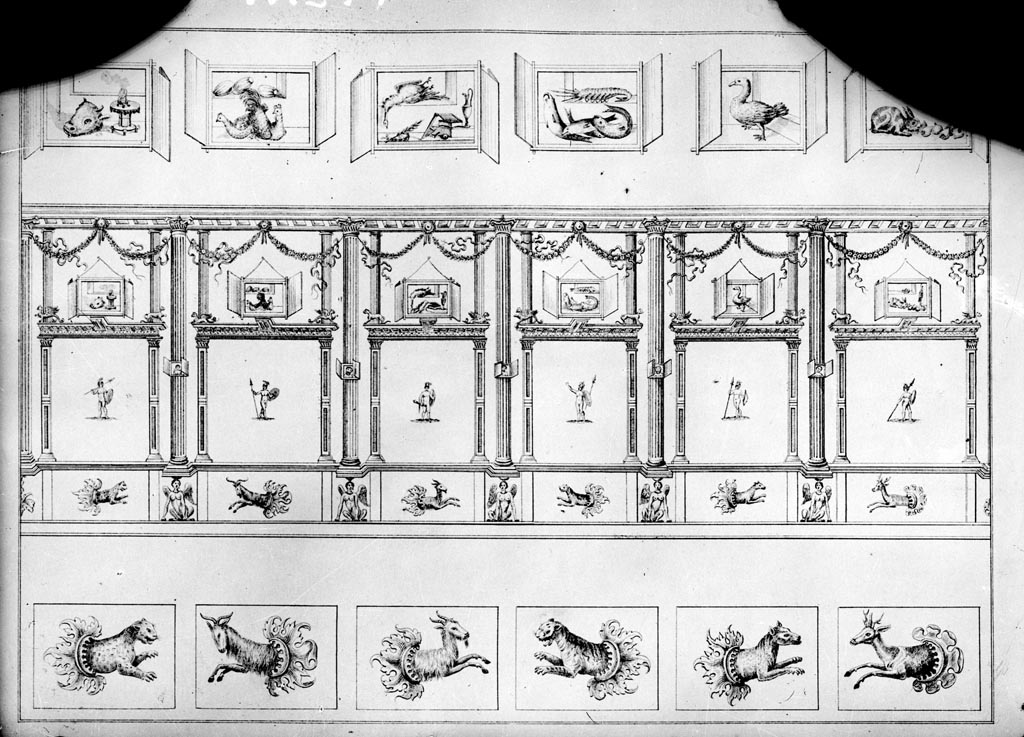 VI.1.7 Pompeii. W.377. Drawing of wall decoration from peristyle wall.
See Giornale degli Scavi, NS III, 1874, tav. 3.
Photo by Tatiana Warscher. Photo © Deutsches Archäologisches Institut, Abteilung Rom, Arkiv.