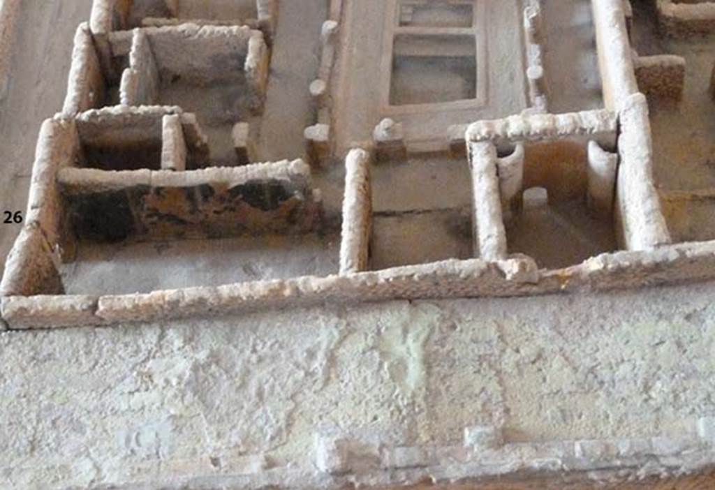 VI.1.7/26 Pompeii. Looking south across rooms 16, 15, 14 on the cork model at Naples Museum.